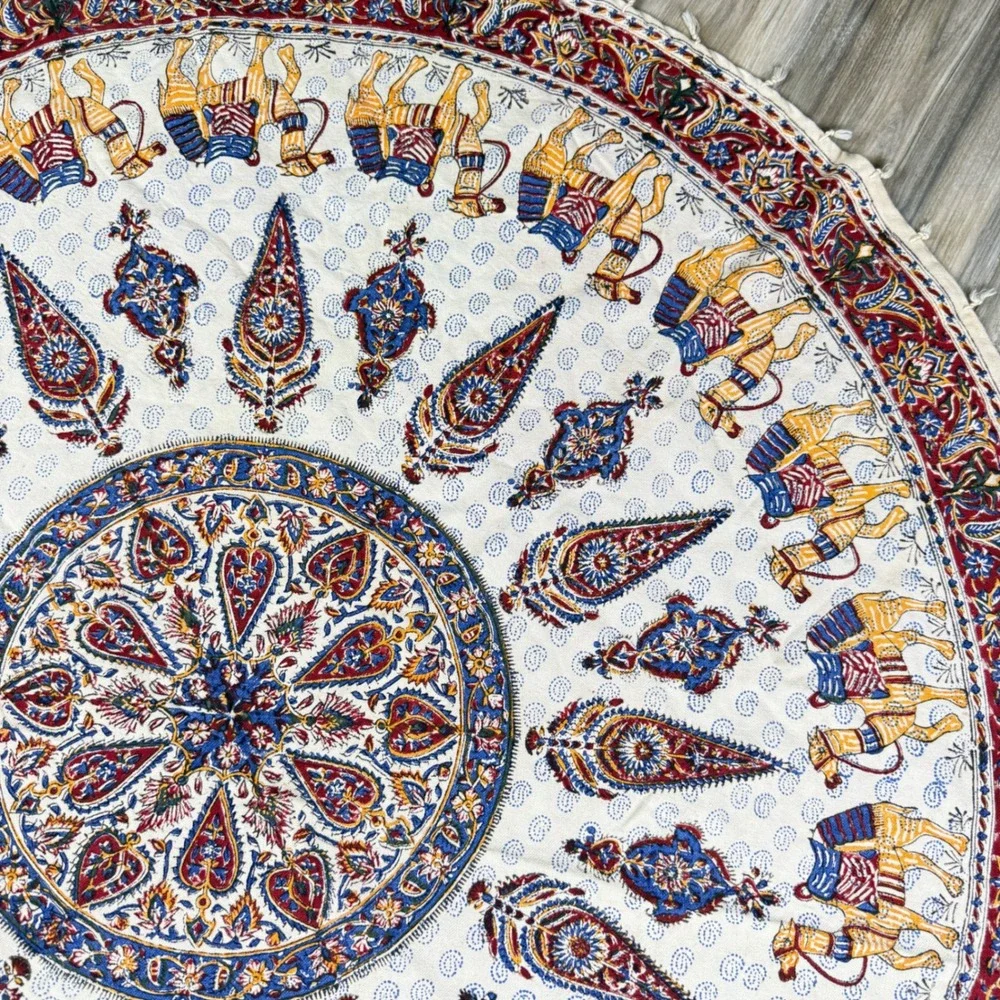Vintage‎ Kalamkari Tablecloth Ghalamkar Block Print Round Mandala